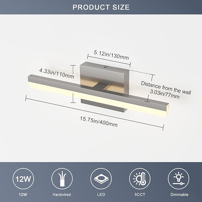 LED Modern Bathroom Light Fixtures 12W Brushed Nickel Vanity Lights Bar 5CCT Dimmable ixture Over Mirror Vanity Light for Bathroom Lighting 15.7 inch ETL Certificated