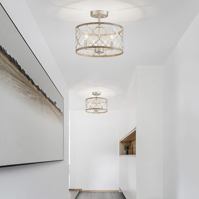 WUZUPS Chandelier 3-Light Vintage Farmhouse Semi-Flush Mount Ceiling Light Lighting Fixture for Foyer Bedroom Hallway Storage Room Kitchen Bathroom, H 9.8" x W 12.4", E12 Base, Nickel & Wood Imitaion