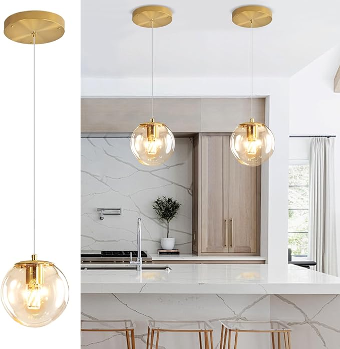 ykolupty Pendant Lights Kitchen Island Gold Globe Pendant Light Fixture,Mid Century Chandelier 1-Light Hanging Fixture for Kitchen Island,Adjustable Length Indoor Lighting for Dinning Room Bedroom