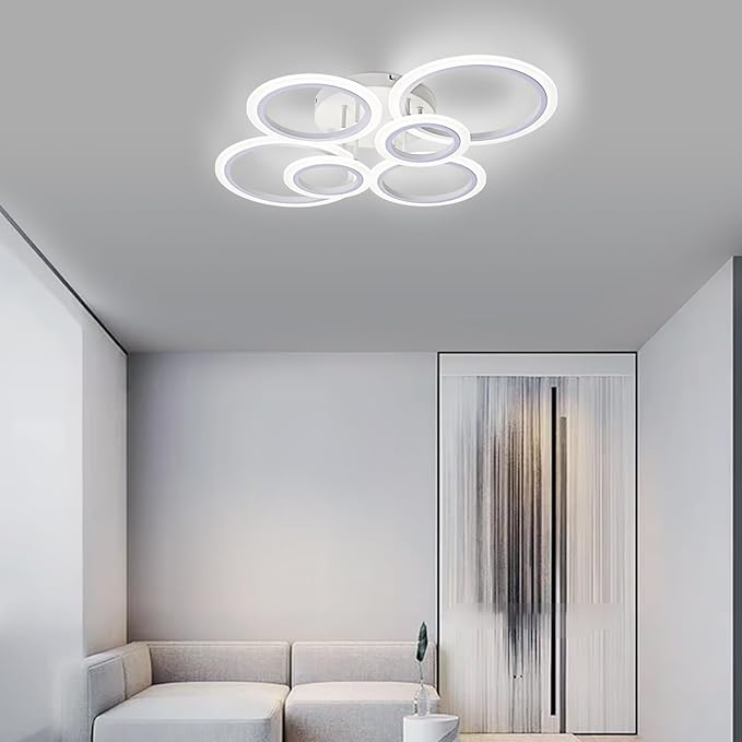 Vikaey Modern LED Flush Mount Ceiling Light, 6 Rings White Close to Ceiling Light Fixtures, Living Room Lighting Fixture Ceiling Lamp for Kitchen, Bedroom, Laundry Room, 4000K Not Dimmable