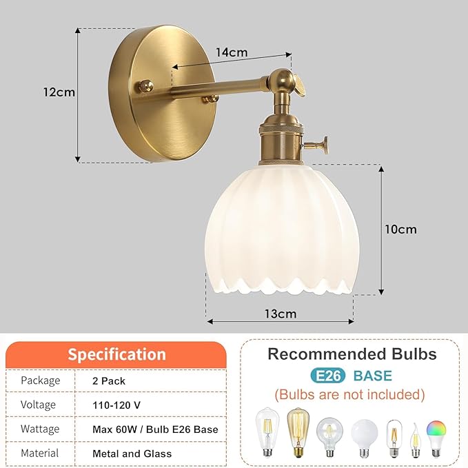1-Light Gold Brass Bathroom Light Fixture,Wall Sconces Set of 2,Brushed Gold Vanlity Light Over Mirror,Bathroom Vanity Light with White Glass Flower Shade,E26 Socket(Bulbs Not Included)