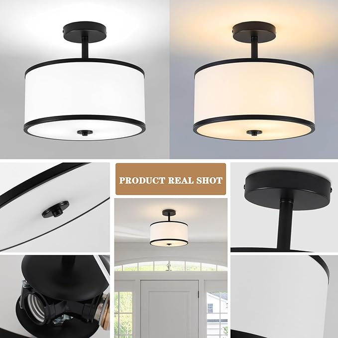 BUXVRCS Semi Flush Mount Ceiling Light Fixture, 3-Light Drum Lighting Fixtures, Hallway Light Fixture Ceiling Mount with Fabric Shade, Close to Ceiling Light for Bedroom Bathroom (Black)