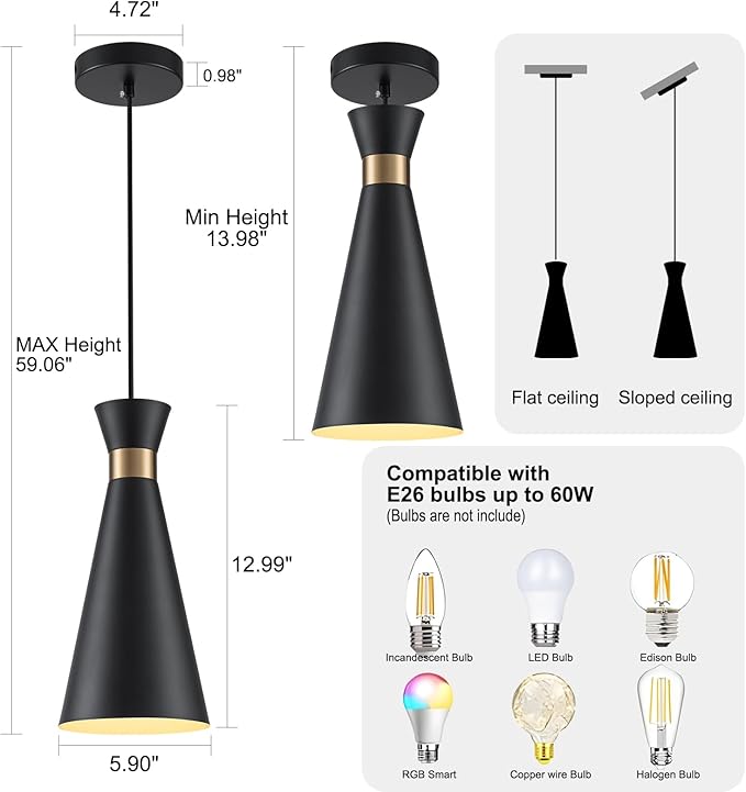 2026 New Black Gold Pendant Lights Kitchen Island Lights for Kitchen, 5.9"W Small Modern Island Lighting Fixtures 1-Light Single Farmhouse Adjustable Hanging Pendant Light Fixtures for Bar Sink, 13“H
