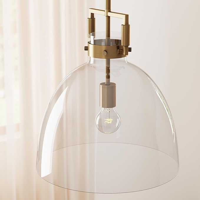 Nathan James Leigh Pendant Lighting, Hanging Ceiling Light with Oversized Glass Shade and Adjustable Cord, for Kitchen Island or Entryway, Vintage Brass/Clear, Set of 2