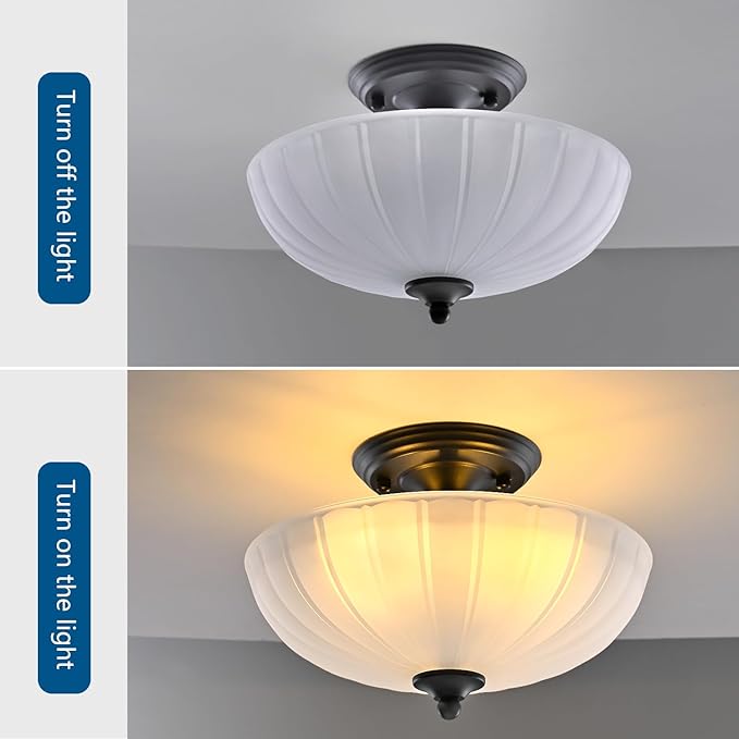 Semi Flush Mount Ceiling Light, 3-Light Kitchen Ceiling Lighting Fixtures with Frosted Glass Lampshade, Black Modern Chandelier for Living Room Bedroom Hallway