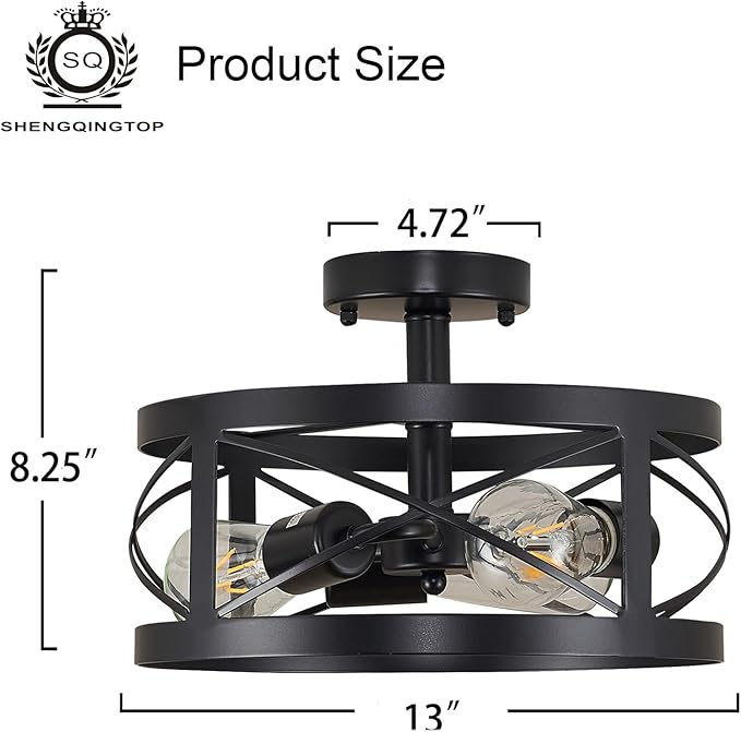 Rustic Industrial 3-Light Semi-Flush Mount Ceiling Light 13" Matte Black Round Lighting Fixtures for Kitchen Island Dining Room Bedroom Farmhouse Foyer Hallway Front Door