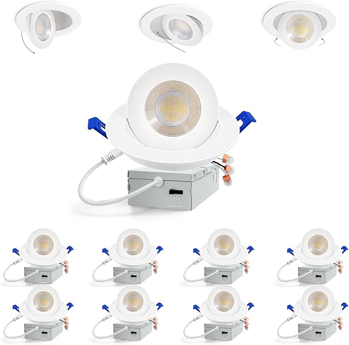 Adetu 4 inch Gimbal Led Recessed Lights, 360°+90° Adjustable Directional Recessed Lighting, 2700K/3000K/3500K/4000K/5000K Dimmable Remodel Eyeball Canless Downlight with Jbox,ETL (White,8 Pack)