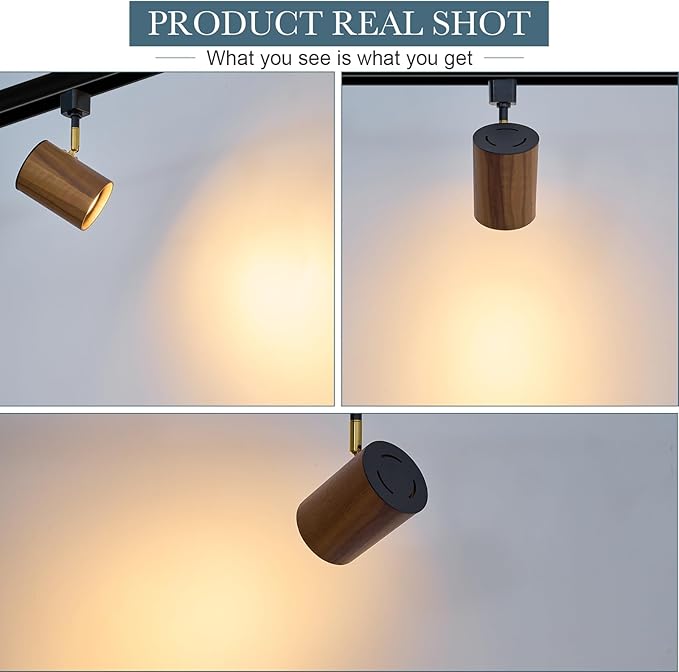 Modern H Type Track Lighting, Adjustable Black Finish and Real Dark Wood Lampshade Spotlight Heads, Brass Swivel Item Kit, for Accent Retail-Pack of 3