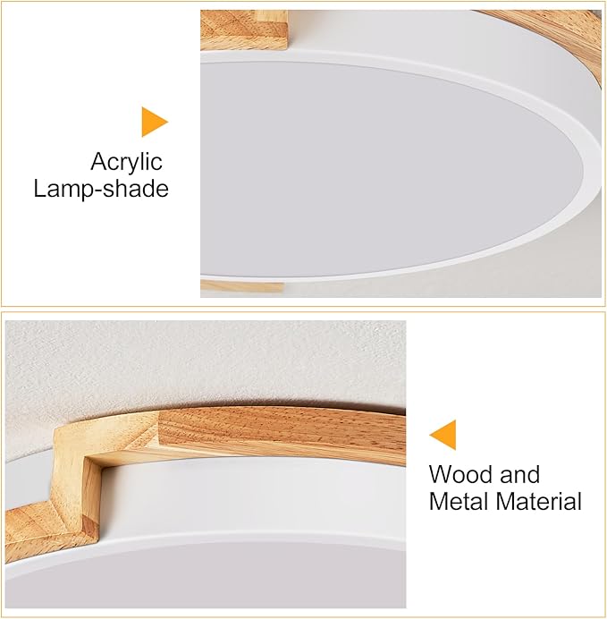 Modern LED Close to Ceiling Light, Round Flush Mount Ceiling Lighting Fixture, Matte White with Wood Accent, Minimalist Kitchen Light Fixtures for Bedroom, Entryway, Living Room, 15.8in