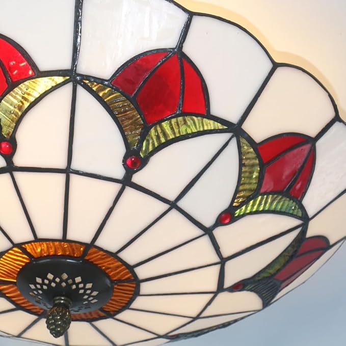 Tiffany Style Ceiling Light 16 Inch Stained Glass Flush Mount Ceiling Light for Bedroom Chandelier Vintage Pendent Light Fixtures (16 Inch White Red)
