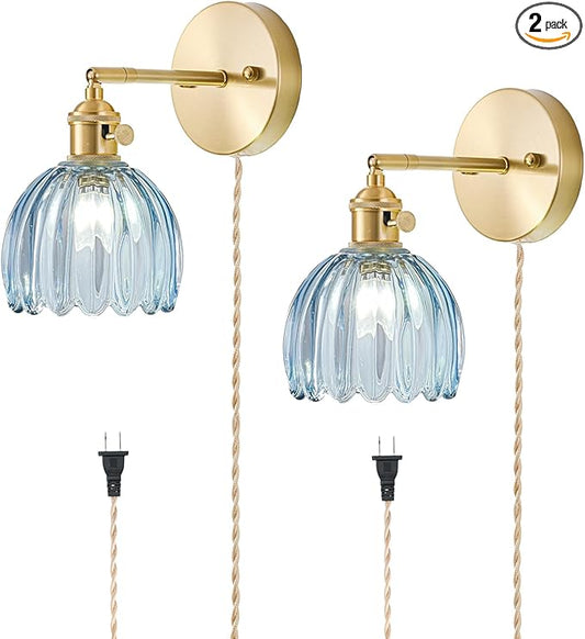Plug in Wall Sconces Set of 2, Vintage Wall Sconce Light with Tulip Denim Blue Glass Lampshade, Bedroom Wall Sconce with Switch and Plug in wall lamp Cord, Gold Wall Light Wall Decor Set of 2