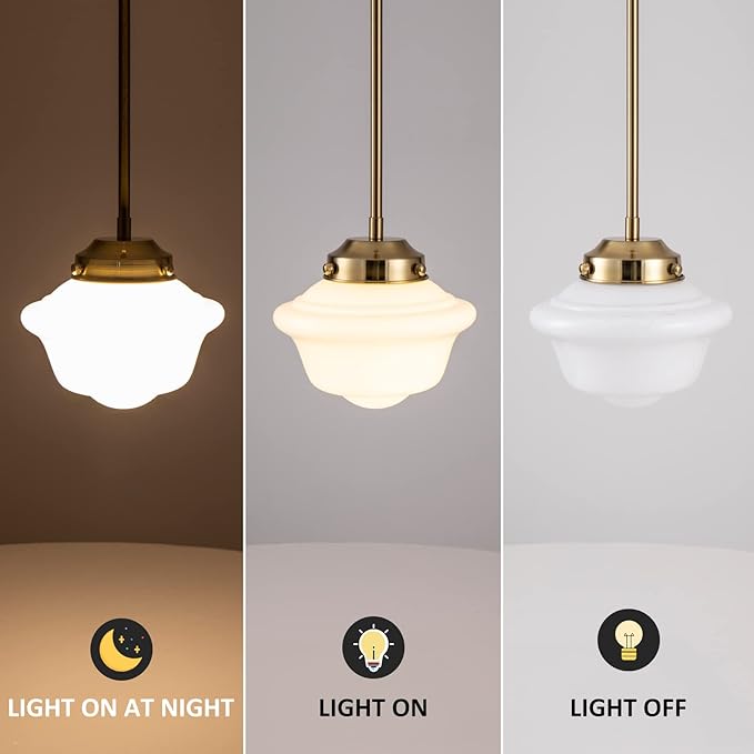 Schoolhouse Pendant Light Set of 3, 8" Brass Gold Pendant Lights with Milk Glass Shade, Farmhouse Ceiling Light Fixtures for Kitchen Dinning Room Living Room Bedroom Hallway