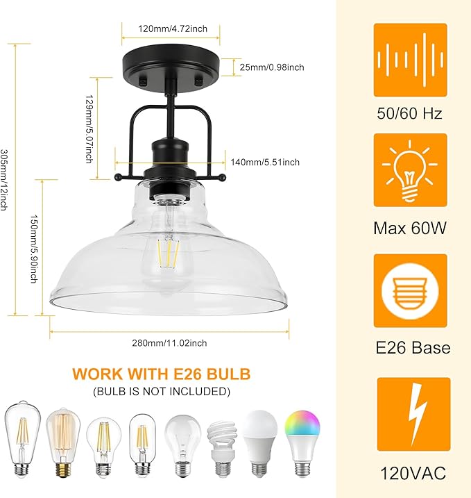 WILON Semi Flush Mount Ceiling Light Fixture, Black Farmhouse Light Fixtures with Clear Glass Shade, Modern Vintage Ceiling Lamp for Kitchen Sink Foyer Bathroom Entryway Hall Laundry Room Hallway
