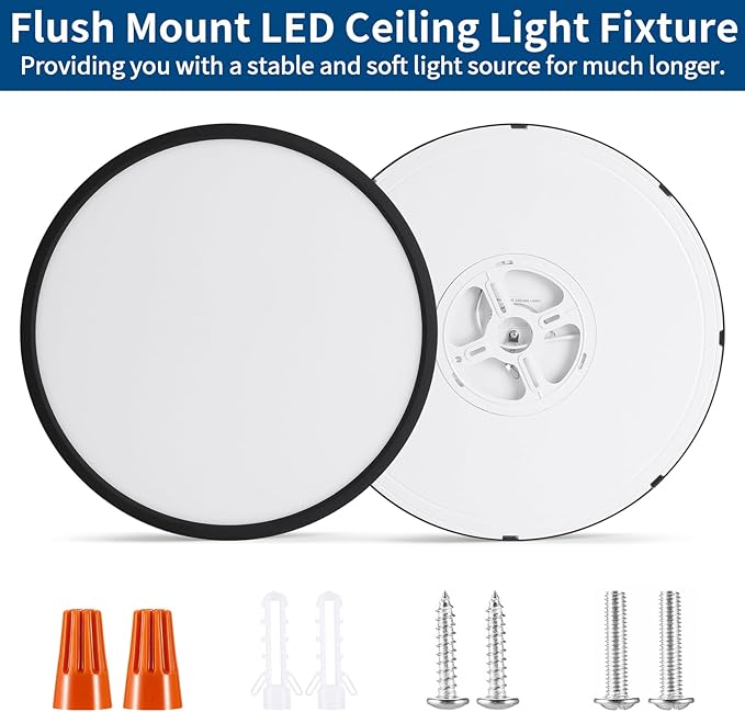 Modern 12'' Led Ceiling Light Fixture, Ultra Thin Flush Mount, Dimmable & 3000K/4500K/6000K Selectable, 22W 2200LM, Black, for Bedroom, Kitchen, Dining Room, Living Room, Home Office, Hallway