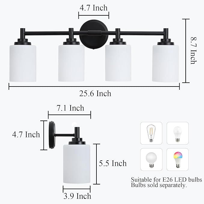 4-Light Bathroom Light Fixtures,Matte Black Bathroom Vanity Light Over Mirror with Cream White Glass Shade,Modern Farmhouse Wall Sconces Lighting for Bedroom Cabinet Kitchen Living Room