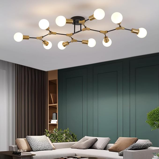 Modern Mid Century Gold and Black Sputnik Semi Flush Mount Ceiling Lighting Fixture for Living Room Dining Room Bedroom Kitchen Island Office, Minimalist Metal 10 Light Chandelier