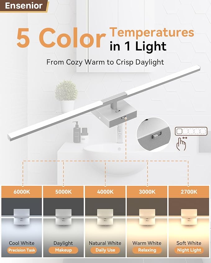 Ensenior Modern Bathroom Vanity Light 32 inch, Built-in Dimmer, 18.5W Dimmable 5CCT Led Bath Lights, Baked-on Matte Grey Vanity Lights for Bathroom Mirror Cabinets Bedroom-FCC & ETL Certificated
