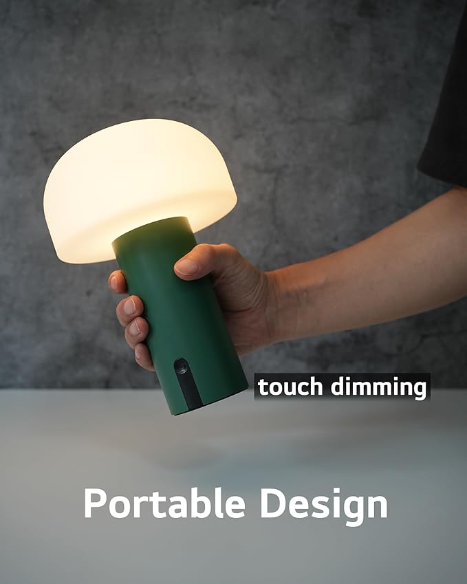 WEILAILUX Cordless Mushroom Table Lamp, Waterproof Shower Lamp, Battery Operated Table Lamp Rechargeable, Touch Dimmable Night Light for Bedroom/Patio/Camping/Dinning/Outdoor (Green)