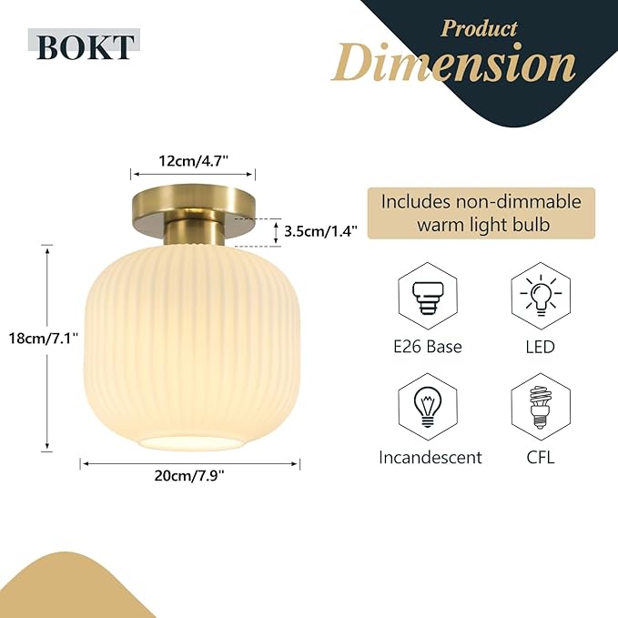 BOKT Modern Ceiling Light Brushed Brass Milk White Ribbed Glass Pendant Light Gold Semi Flush Mount Nursery Light Fixture 7.9" for Hallway, Entrance, Schoolhouse