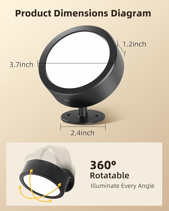 EZVALO LED Wall Mounted Light, 3000mAh Rechargeable Cordless Wall Sconce, Dimmable with Remote & Touch Control, 3 Color Temps, 360° Rotatable for Bedroom, Bedside, Reading(Black, 3Pack)