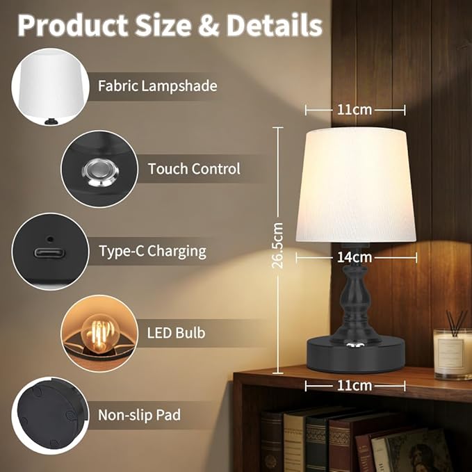 AUAUY Table Lamp for Bedroom, 5200mAh Battery Powered Touch Bedside Lamps, Rechargeable Desk Lamp Cordless, 3 Way Dimmable, Nightstand Lamps with Fabric Shade for Home Living Room Office Study, Black