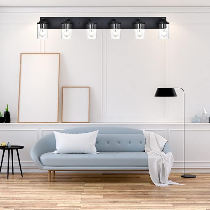BONLICHT Black Vanity Light Glass Wall Sconce 6 Light Farmhouse Bathroom Light Fixture Over Mirror,Industrial Vintage Bath Lighting Interior Wall Lights Modern Wall Lamp for Dining Room Kitchen Office