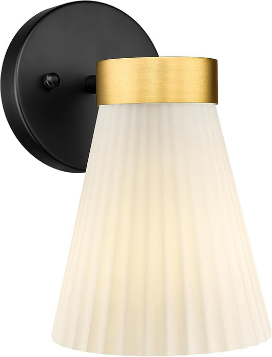 1-Light Bathroom Wall Sconce, HWH Black and Gold Wall Sconce with Frosted Milk White Striped Glass, Modern Bathroom Light Fixture for Bathroom Bedroom, 5HZG97B BK+BG