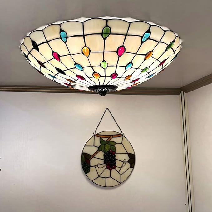 Tiffany Flush Mounts Ceiling Lights,Peacock Blue Crystal Beads Stained Glass Lampshade Ceiling Lamp for Kitchen Dining Room Livingroom Bedroom Ceiling Chandeliers Pendant Light,Multicolor,16in