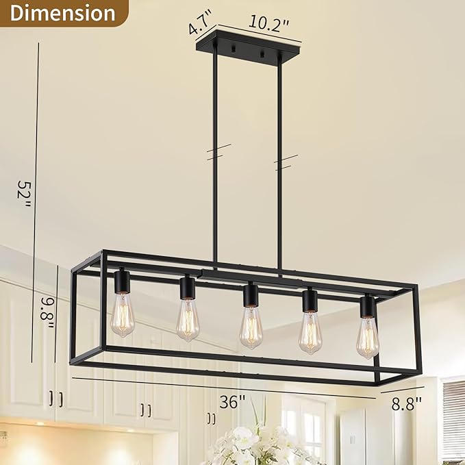 Yusist 5-Light Dining Room Light Fixture,Black Farmhouse Kitchen Island Lighting,Rustic Pendant Light Over Table with Adjustable Rods,Modern Linear Chandeliers for Dining Room Kitchen Island
