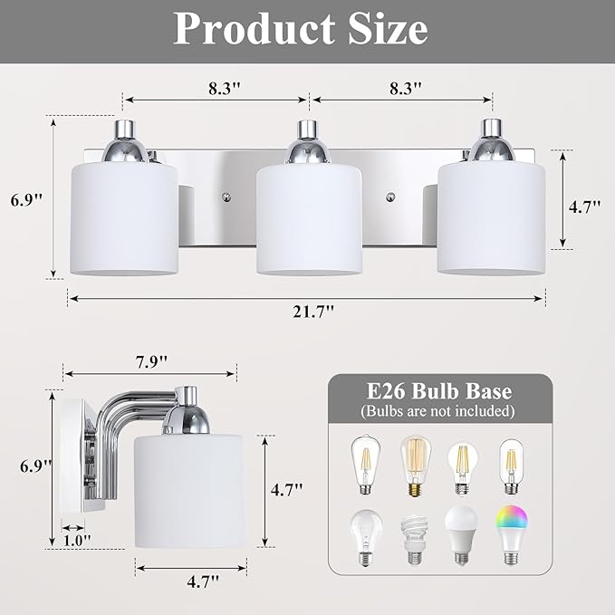 Mecgirn Stainless Steel Milk Glass Vanity Lights for Bathroom, 3 Light Polished Chrome Bathroom Light Fixtures Over Mirror, Ceramic E26 Sockets Wall Mounted