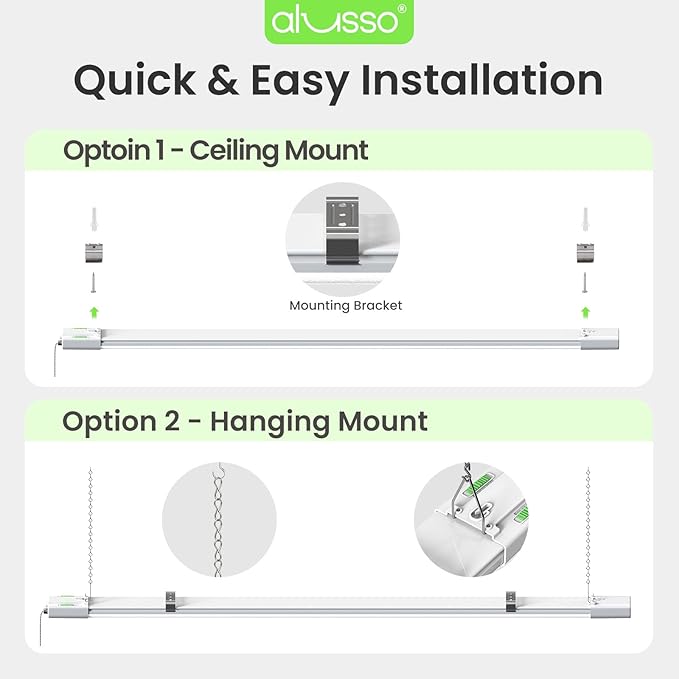 ALUSSO® LED Shop Lights 4FT for Garage, 6000LM Super Bright, Adjustable 2700K-6500K Color Temperature, 120V, Warm to Cool Daylight Linkable Shop Lights for Workshop, 2 Pack