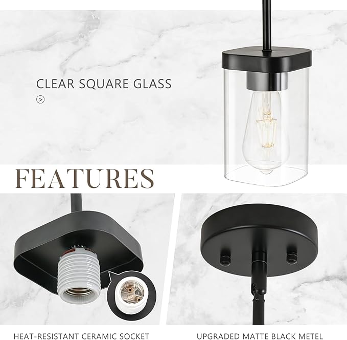 Modern Pendant Light Fixtures 1-Pack, Matte Black Pendant Lights Kitchen Island with Square Transparent Glass, Glass Pendant Light for Dining Room, Bedroom, Living Room, Farmhouse
