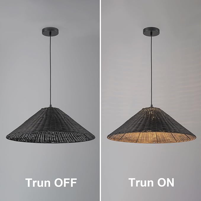 23.6'' Large Weaving Rattan Chandelier, Black Coastal Chandelier Hand Woven Rattan Dome Pendant Lighting Fixture Farmhouse Natural Basket Hanging Light