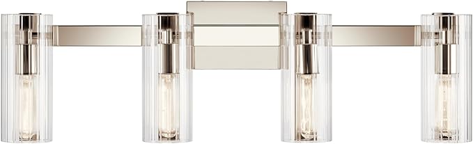 Kichler Jemsa 4-Light Bathroom Vanity Light Fixture with Clear Fluted Glass in Polished Nickel, Modern Wall Mount Light for Bathroom Over Mirror (9.75" x 32"), 55169PN