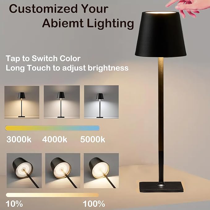 2 Pack Cordless Table Lamps-6000mAh Rechargeable Lamp,Waterproof Outdoor Table Lights for Patio|Shower|Restaurant|Dinner|Kitchen Counter|Dining Table Top Lighting,Mini Small Battery Operated Lamp