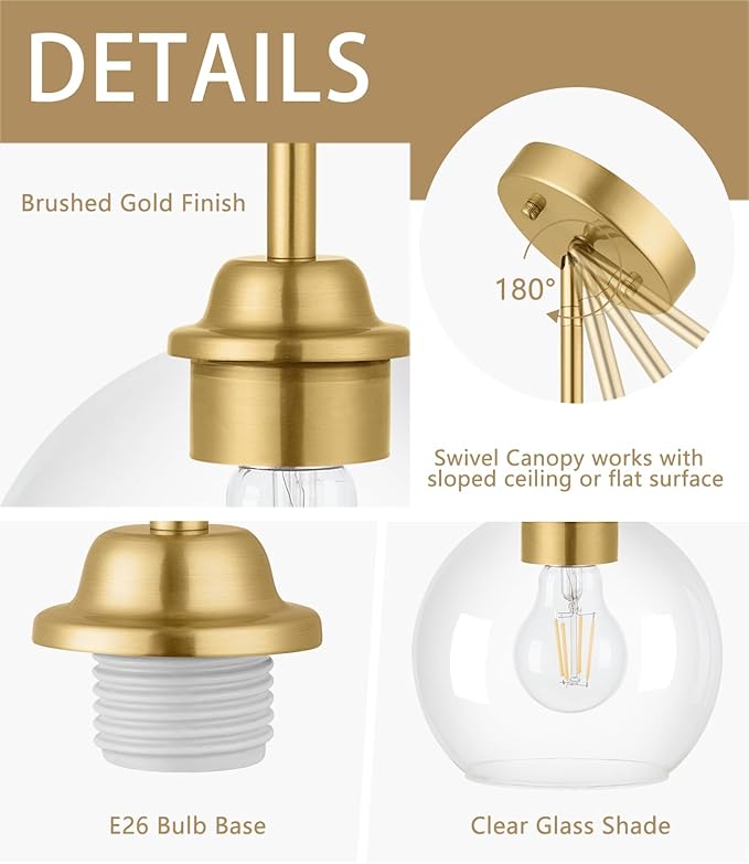 Gold Pendant Light Fixtures 2 Pack, Globe Pendant Lights with Clear Glass Shade,Pendant Lights Kitchen Island, Kitchen Pendant Lighting Over Island, Hanging Lights for Kitchen Island