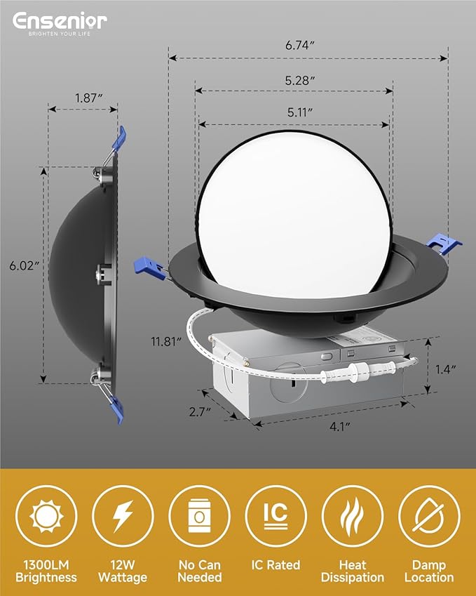 Ensenior 4 Pack 6 inch LED Eyeball Recessed Lighting, 360°+90° Rotatable and 2700K-5000K Selectable, CRI90+, Dimmable Gimbal Recessed Lights, 1300LM, 12W=115W-FCC, Black