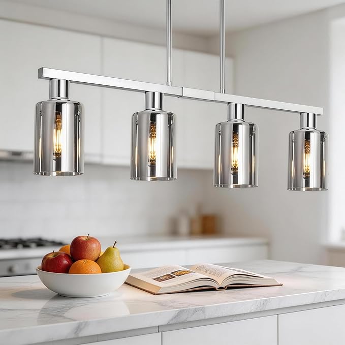 4-Light Kitchen Island Lighting, Chrome Dining Room Light Fixture/Island Light Over Table Hanging for Farmhouse Linear Chandeliers Rustic Ceiling Pendant Light Fixtures with Smoke Gray Glass Shade