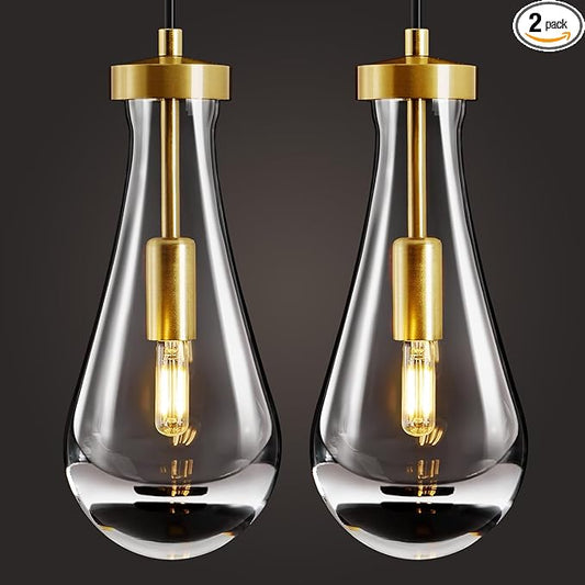 Raindrop Pendant Lights Kitchen Island: 2 Pack Crystal Gold Teardrop Hanging Light Fixtures over Dining Room Table - Modern Brass Glass Tear Drop Ceiling Pendants Chandelier Bedroom Bathroom Lighting