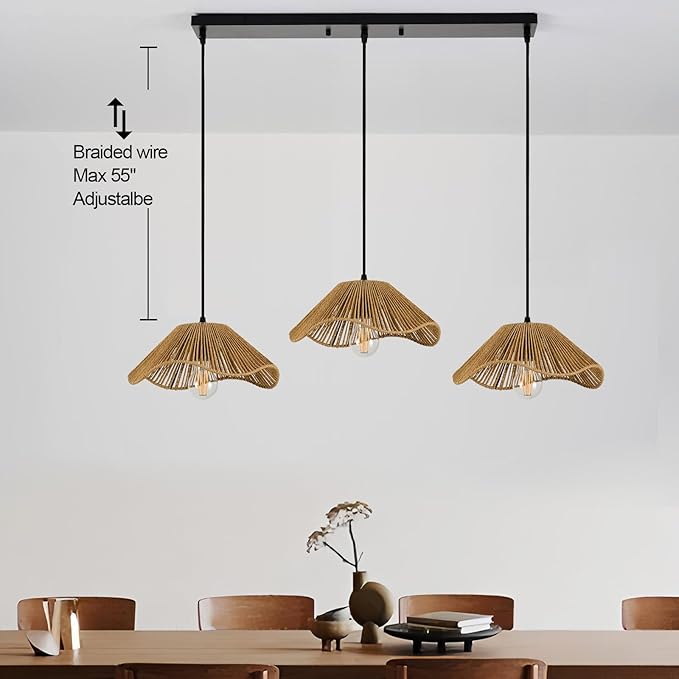 TERLEENART Bobo 3 Light Pendant Light, Hard Wired Hanging Chandelier with 12” Flower Paper Rope Rattern Shade,Suspended Lighting Fixture for for Kitchen Island Dining Bedroom Living Room Restaurants