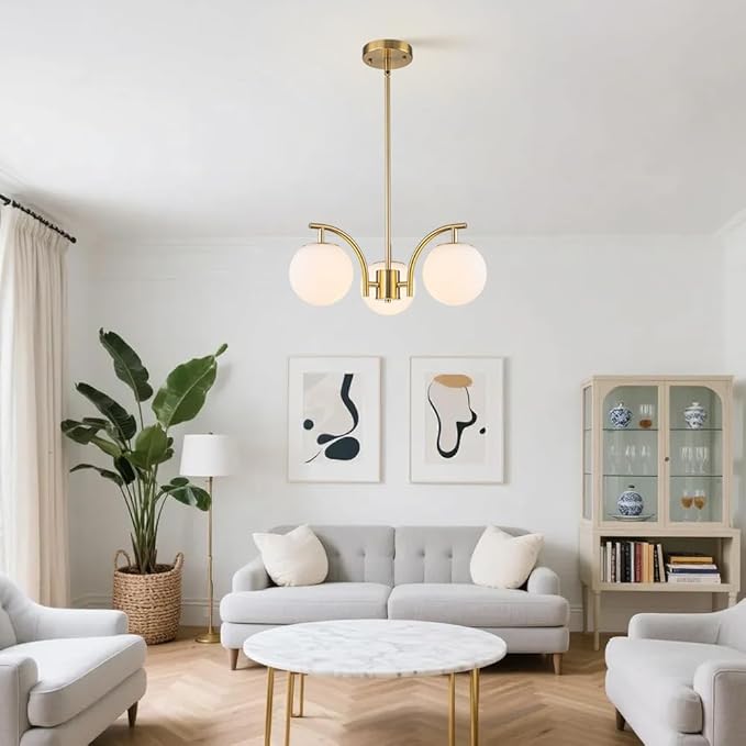 Gold Sputnik Chandelier 3 Light Milk Glass Globe Hanging Light Modern Pendant Light Fixture for High Ceiling Kitchen Bedroom Dining Living Room