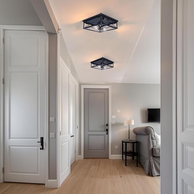 COTULIN 2-Pack Farmhouse Black Flush Mount Ceiling Lights, Industrial Square Metal Cage Light fixtures for Bedroom Hallway Kitchen Balcony Porch Stairway