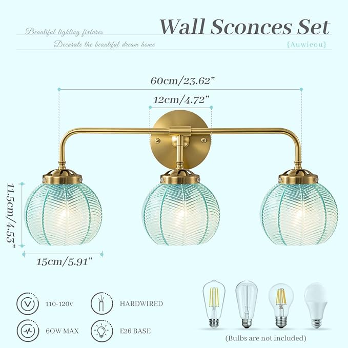 Gold Bathroom Lights Over Mirror, 3 Light Vintage Wall sconces with Blue Glass Shade Bathroom Vanity Lights mid Century Wall Sconce Light Glass Wall Lighting Fixture for Bedside Bedroom Doorway