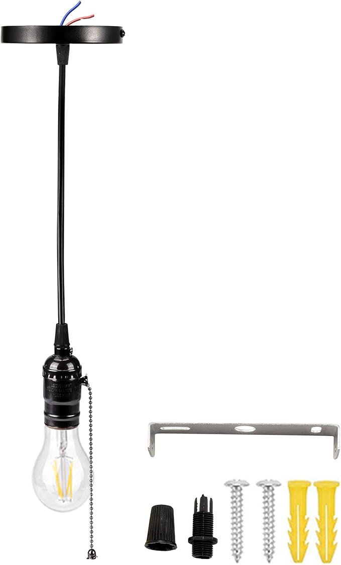 ACBungji Industiral Pendant Light Fixture with Pull Chain,DIY Vintage Hanging Lighting Kit with E26 Edison Bulb Socket 3.6FT Electrical Cord Wire for Indoor Kitchen,Black