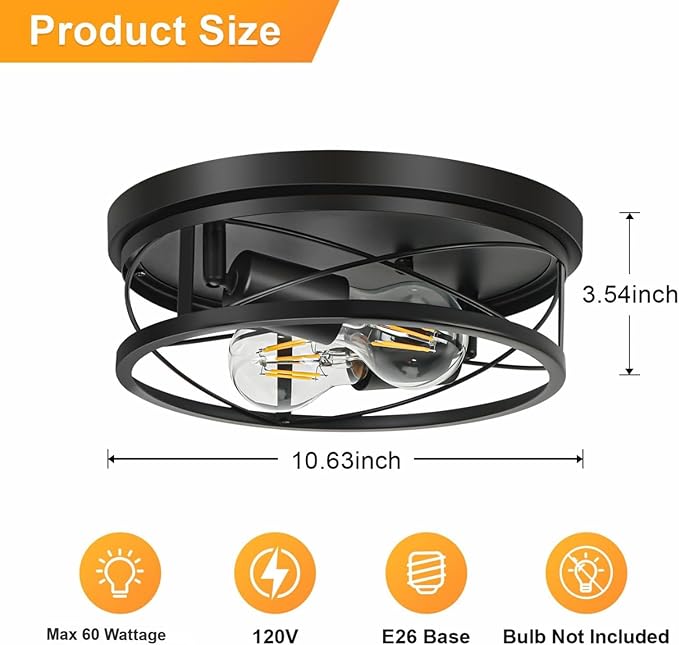 Farmhouse Lights,Black Industrial 2 Pack Round Metal Flush Mount Hallway & Bedroom Ceiling Lamp, Kitchen Round Lights (Bulbs Not Included)
