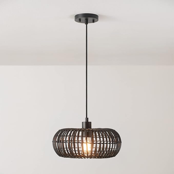 GLOBE Electric 65701 Maren 1-Light Pendant Lighting, Matte Black, Rattan Shade, Bulb Not Included