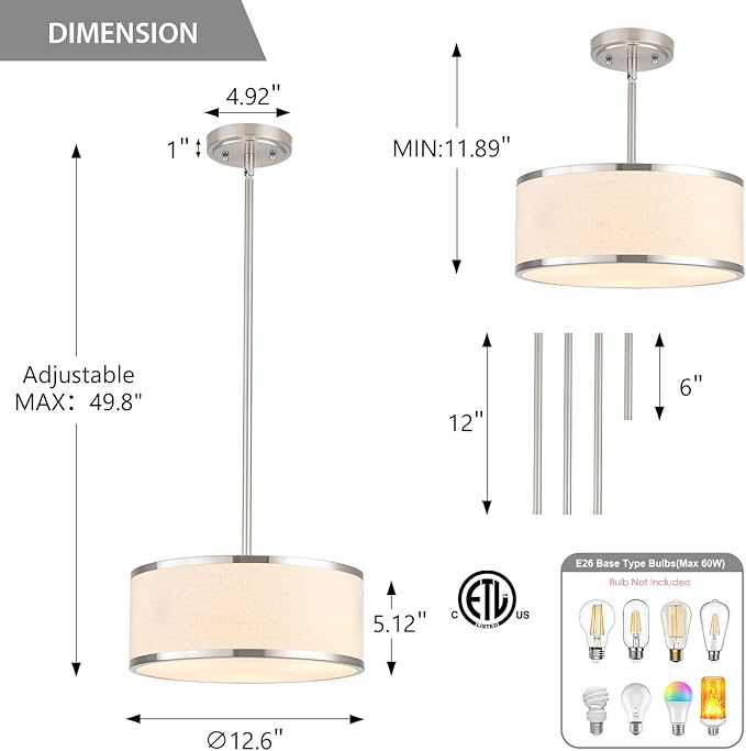 12.6" Drum Pendant Light Fixture 3-Light Brushed Nickel Chandelier with Fabric Shade for Kitchen Dining Room Living Room Bedroom