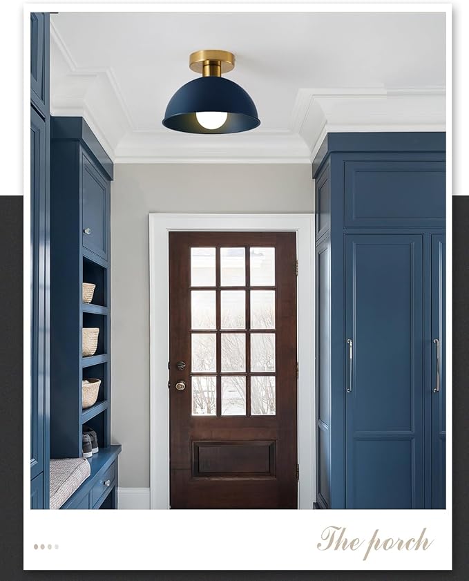 Industrial Semi Flush Mount Ceiling Light with Gold Plate and Blue Shade, Farmhouse Ceiling Light Fixture for Kitchen Island Dining Room Foyer Hallway Porch Barn Loft，10in