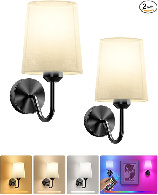 Ouyulong Battery Operated Wall Sconces Set of 2 Wireless Rechargeable Dimmable Wall Light with RGB Bulb and Remote for Bedroom, Living Room, Hallway (Black)