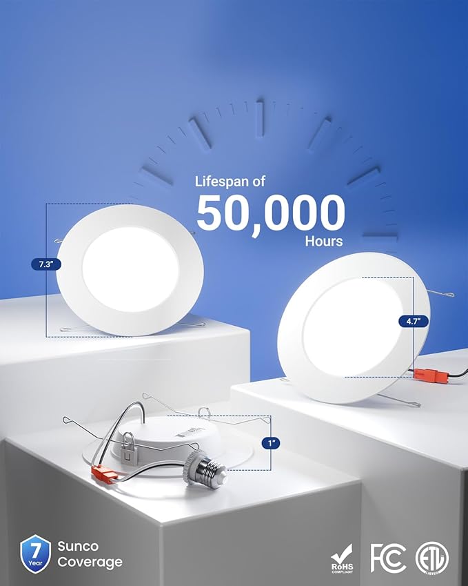 Sunco 8 Pack 5CCT LED Recessed Lighting 6 Inch, 1200 LM High Brightness, Ultra Thin Flat Can Lights, 2700K/3000K/4000K/5000K/6000K Selectable, Dimmable, 15W, Retrofit Installation - UL Listed.